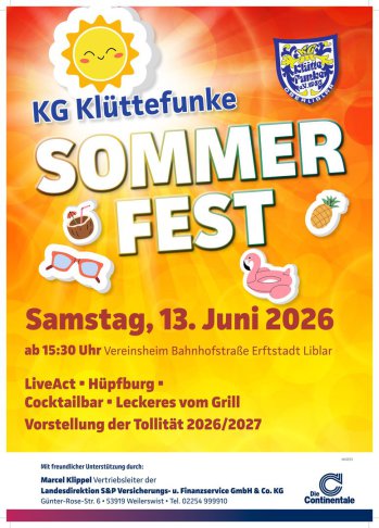 Werbeplakat zum Sommerfest der KG Klüttefunke am Samstag, 13. Juni 2026 ab 15:30 Uhr am Vereinsheim in der Bahnhofstraße in Erftstadt-Liblar. Das Plakat hat einen leuchtend orange-gelben Hintergrund mit Sonnenstrahlen und zeigt oben links eine lachende Co